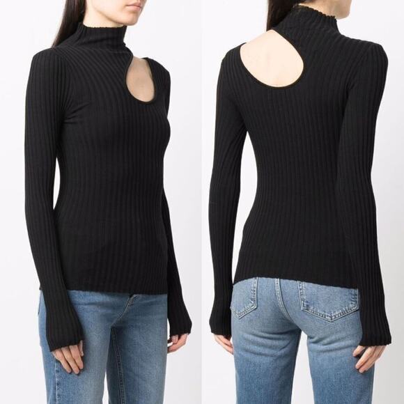 Anine Bing Victoria Top Cutout Ribbed Knit Stretch Cotton Turtleneck Black M - Picture 2 of 10